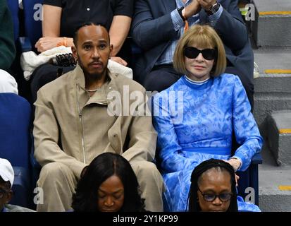 New York, United States. 07th Sep, 2024. Lewis Hamilton and Anna Wintour are seen watching the women's singles finals in Arthur Ashe Stadium at the 2024 US Open Tennis Championships at the USTA Billie Jean King National Tennis Center in New York City on Saturday, September 7, 2024. Photo by Larry Marano/UPI Credit: UPI/Alamy Live News Stock Photo