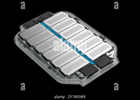 3d rendering electric vehicle battery or pack of lithium-ion pouch cells module isolated on black Stock Photo
