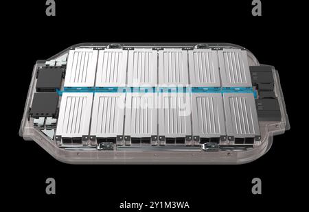 3d rendering electric vehicle battery or pack of lithium-ion pouch cells module isolated on black Stock Photo