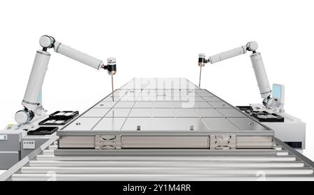 Automation battery manufacturing with 3d rendering li-ion or rechargeable battery produced by robotic arm on white background Stock Photo
