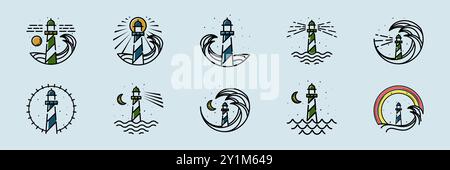 Collection of Lighthouse Vector Illustration Logo Design. Wave and lighthouse icon in set. Ocean, Wave, Night and Lighthouse Logo Concept Inspiration. Stock Vector