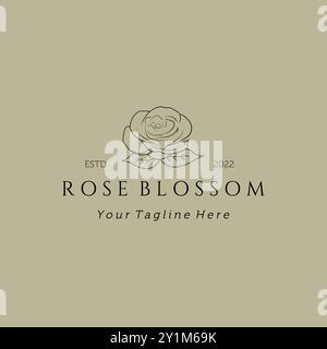 Hand Drawn Feminine Rose Flower Logo Vector. Floral logo design in feminine style. Rose flower logo template for fashion blogger, design studio, spa, Stock Vector
