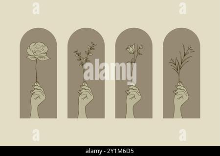 Exclusive Set of Hand drawn vector design. Set of hand holding flowers in feminine style. Vector design for tattoo, wedding, florists, home decor, bea Stock Vector