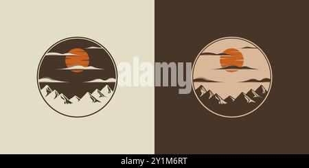 Outdoor Logo Vector Illustration Design. Exclusive Vintage Style Mountain Logo Design. Vintage Old Style Adventure Logo Template. Sun and Mountain Log Stock Vector
