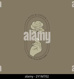 Hand Drawn Feminine Rose and Hand Logo Vector Illustration. Creative logo design in feminine style. Floral logo template for fashion blogger, design s Stock Vector