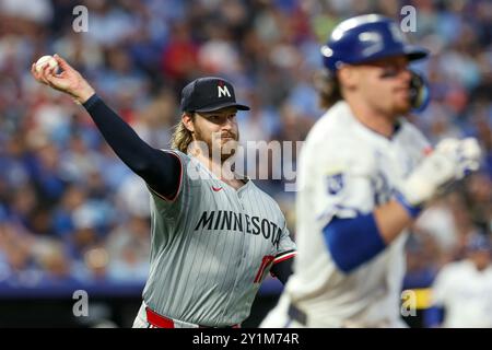 September 7, 2024: Minnesota Twins starting pitcher Bailey Ober (17) throws to first for the out on Kansas City Royals shortstop Bobby Witt Jr. (7) during the sixth inning at Kauffman Stadium in Kansas City, MO. David Smith/CSM Stock Photo