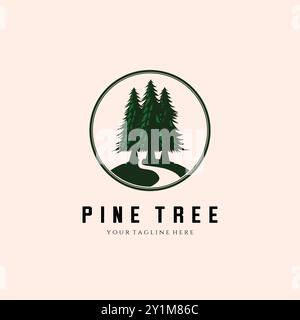 Pine Tree And River Vintage Logo Vector Template Illustration Design, Forest Vintage Logo Design Stock Vector