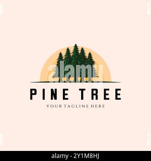 Pine Tree Landscape Logo Vintage Vector Template Illustration Design, Forest Vintage Logo Design Stock Vector