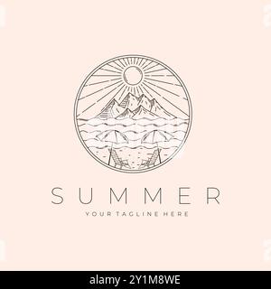Outdoor Line art Logo Vector Illustration Design, Mountain and beach logo design Stock Vector