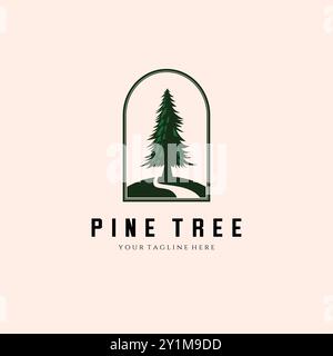 Pine Tree And River Vintage Logo Vector Illustration Design. Forest Landscape Template Logo Design. Stock Vector
