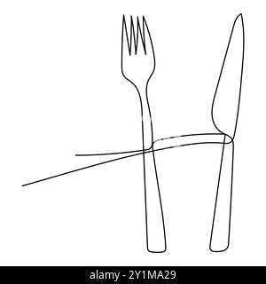 continuous, line, drawing, hand, holding, knife, fork, one, single, minimalistic, art, illustration, vector, design, simple, outline, cutlery, Stock Vector