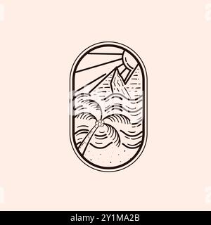 Summer Outdoor Monoline Logo Vector Illustration Design. Beach Landscape Line Art Illustration Badge Design. Beach Landscape Illustration Design. Stock Vector