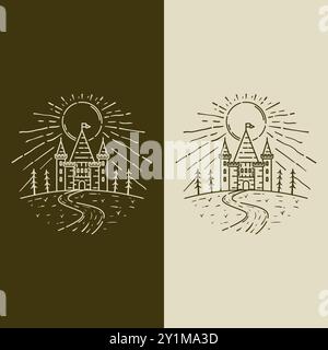 Castle Line Art Vector Illustration Logo Design, Castle Line Art Illustration Design Stock Vector