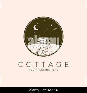 Cottage Line Art Logo Vector Illustration Design, Cabin Monoline Template Design Stock Vector