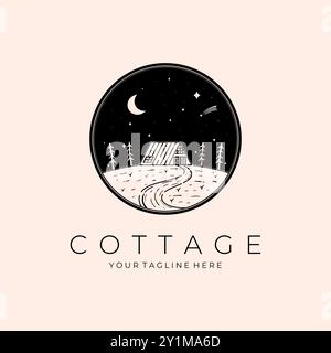 Cottage Line Art Logo Vector Illustration Design, Cabin Monoline Template Design Stock Vector