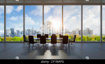 3d rendering empty office space or workspace with greenery view of city background Stock Photo
