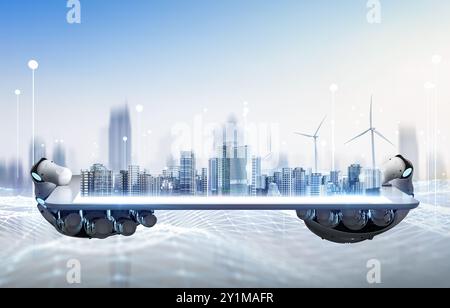 Smart city with 3d rendering robot in development city and digital network connection Stock Photo