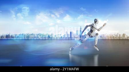 Artificial intelligence robot for smart city with 3d rendering assistant robot run or move ahead in city Stock Photo
