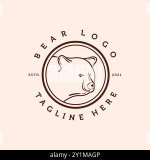 Bear, Grizzly Bear, Brown Bear Line Art Logo Vector Illustration Design. Hand Drawn Grizzly Bear Logo Badge Template Design. Simple Modern Minimalist Stock Vector