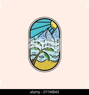 Outdoor Monoline Logo Vector Illustration Design. Beach Landscape Line Art Illustration Badge Design. Summer Landscape Illustration Logo Concept. Stock Vector