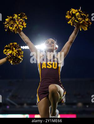 Tempe, Arizona, USA. 7th Sep, 2024. Arizona State Sun Devils cheerleaders before thed NCAA football game between the Mississippi State Bulldogs and the Arizona State Sun Devils at Desert Mountain Park in Tempe, Arizona. Michael Cazares/CSM/Alamy Live News Stock Photo