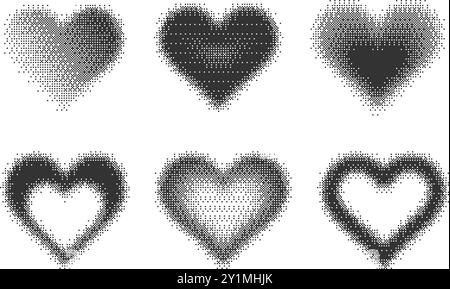 Bitmap pixel arcade game effect. Hearts y2k halftone pattern shape. Vector dither aesthetic gradient glow icons. 2000s design grainy illustration on Stock Vector