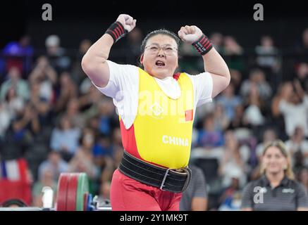 Paris, France. 7th Sep, 2024. Han Miaoyu of China celebrates after the para powerlifting women's up to 79kg event at the Paris 2024 Paralympic Games in Paris, France, Sept. 7, 2024. Credit: Lian Yi/Xinhua/Alamy Live News Stock Photo