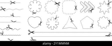Collection of scissors with cut lines and geometric shapes. Cut here symbol Stock Vector