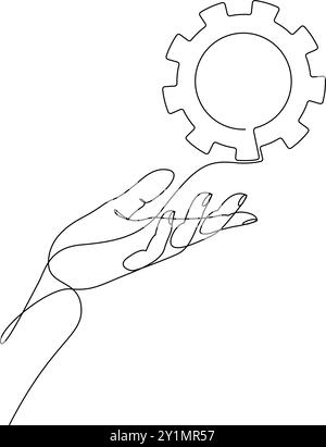 Continuous one line drawing of human hand holding metal gear. Machine wheel gear in arm drawn with single line. Cogwheel on palm. Vector illustration Stock Vector