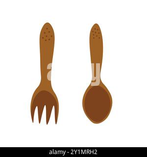 Simple wooden fork and spoon doodle illustration, minimalistic design with small decorative dots Stock Vector