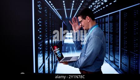 Server Room In Data Center. Cloud Computer Engineer Configuring AI Technology Stock Photo