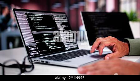 Overemployed Man Working Two Full Time Jobs Stock Photo