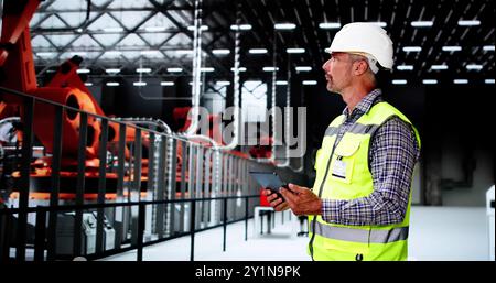 Worker In Automotive Car Factory Using Tablet Stock Photo