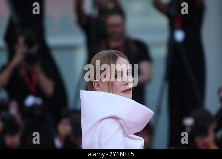 Venice, Italy. 7th Sep, 2024. French actress Isabelle Huppert, president of the 81st Venice Film Festival jury, poses for the red carpet before the film festival's awards ceremony in Venice, Italy, Sept. 7, 2024. The 81st Venice Film Festival closed here Saturday. Credit: Li Jing/Xinhua/Alamy Live News Stock Photo