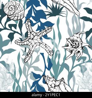 Marine life, sea ocean underwater creatures fish, shells algae seaweed, Ink and pen sketch hand drawn. Seamless pattern illustration, stylized Stock Vector