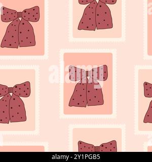 Bows seamless pattern. Pink wrapping band patchwork repeat background. Bowknots retro post stamps endless design. Vector hand drawn illustration. Stock Vector