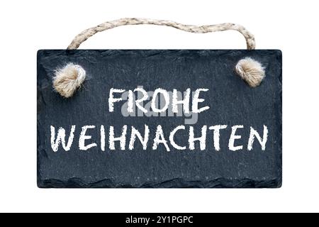 German Merry Christmas and board of slate isolated on white background Stock Photo