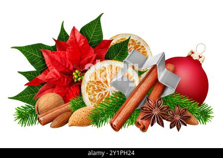 Christmas decoration and Christmas Rose with cinnamon sticks, spices and fir branches isolated on white background Stock Photo