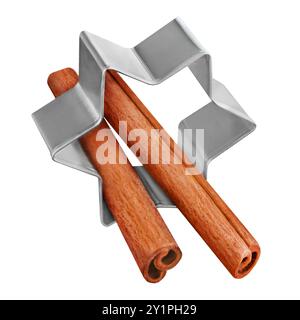 Cinnamon sticks and baking cookie form star isolated on white background Stock Photo