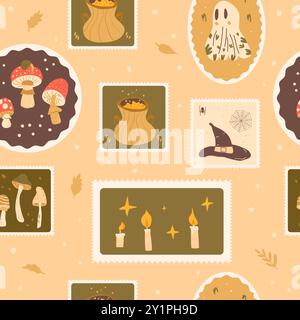 Halloween checked seamless pattern. Bento box witch hat, candles and poison mushrooms repeat background. Festive ghost and cauldron retro stamps endle Stock Vector