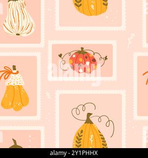 Pumpkin checked seamless pattern. Bento box autumn harvest repeat background. Halloween retro stamps endless design. Vector hand drawn illustration. Stock Vector