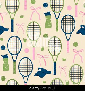 Preppy tennis seamless pattern. Coquette serve repeat background. Elegant sport vector continuous surface design. Stock Vector