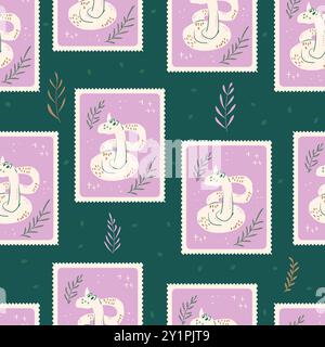 Snakes post stamps seamless pattern. Pink reptiles repeat on dark background. Animal surface pattern design. Vector hand drawn flat illustration. Stock Vector