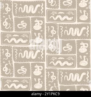Patchwork seamless pattern with various snakes and botanical elements arranged in rectangular segments. Animalistic vector continuous ornament. Stock Vector