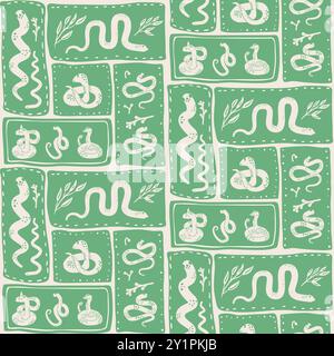 Green seamless pattern with snakes and leaves in rectangular segments. Animalistic vector continuous ornament. Stock Vector