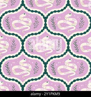 Snakes damask seamless pattern. Reptiles repeat background. Animal surface pattern design. Vector hand drawn illustration. Stock Vector