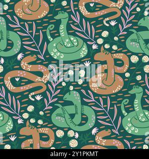 Snakes seamless pattern. Reptiles and plants repeat background. Animalistic surface pattern design. Perfect for nursery wallpaper, kids fabric. Vector Stock Vector
