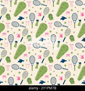 Tennis preppy seamless pattern. Racket, balls and tennis bags with bow and caps repeat background. Vector coquette flat continuous surface design. Stock Vector