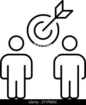 Two users with arrow hitting bullseye. Achieving collective success. Goal-oriented strategies. Pixel perfect, editable stroke vector icon Stock Vector