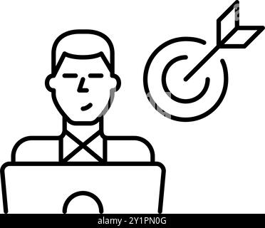 Man working on his laptop under a target being hit by an arrow. Success-driven approach, achieving professional success through targeted productivity. Stock Vector